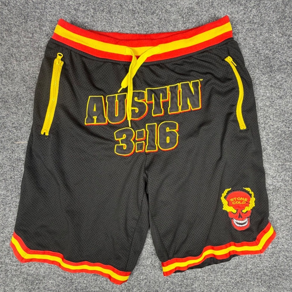 WWE Stone Cold Steve Austin 3:16 Mesh Basketball Shorts Mens XL Black Red Yellow